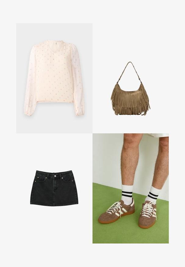 Svetlá broskyňová blúzka s V-výstrihom, priesvitnými balónovými rukávmi a malým metalickým bodkovaným vzorom. Mäkká tkanina s gumičkovými manžetami.; Čierna denim mini sukňa s predným gombíkom, pútkami na opasok a dvoma prednými vreckami s medenými nitmi, rozložená na bielom pozadí.; Hnedé zamatové tenisky s bielymi akcentmi a šnúrkami. Gumová podrážka. Nosené s bielymi ponožkami so čiernymi pruhmi. Zelená textúrovaná podlaha.; Hnedá zamková kabelka s dlhými strapcami, zakriveným tvarom a jedným ramenným popruhom. Má hladký, textúrovaný povrch.