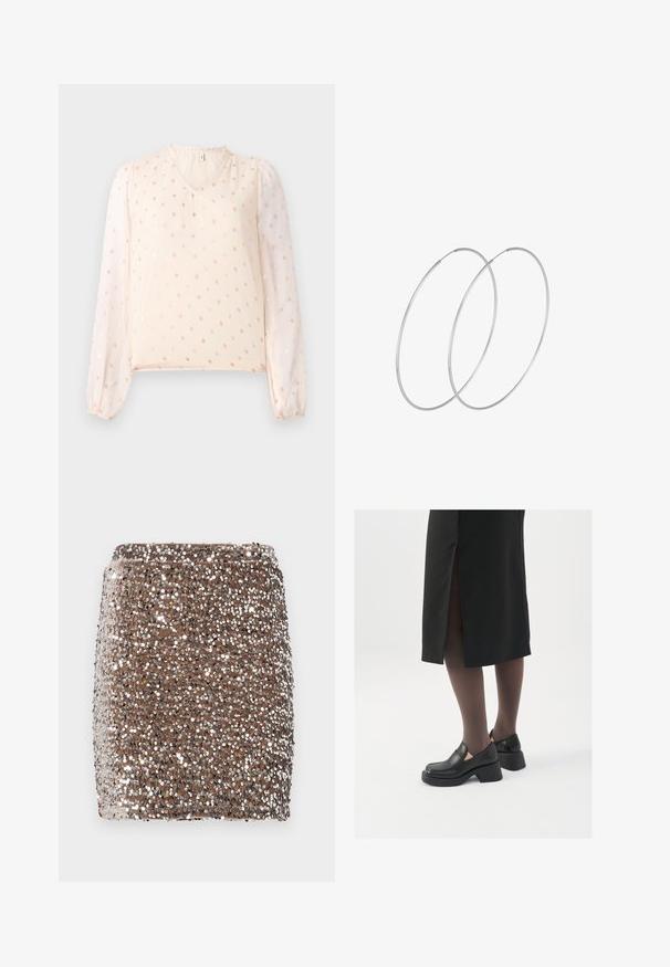 Helles Pfirsichbluse mit V-Ausschnitt, durchsichtigen Puffärmeln und kleinem metallischen Punktmuster. Weicher Stoff mit gerafften elastischen Bündchen.; Brauner, glitzernder Minirock mit taillierter Passform, bedeckt mit reflektierenden silbernen Pailletten, die einen strukturierten, schimmernden Effekt erzeugen.; Schwarze Lederschuhe mit abgerundetem Zeh, dicker Blockabsatz und elastischen seitlichen Akzenten, kombiniert mit dunklen Strumpfhosen und einem schwarzen Rock mit Schlitz.; Silberne Creolen mit minimalistischem Design. Rundform, glatte Oberfläche und dünnes Profil. Leichtgewichtig mit hochglänzender Oberfläche.