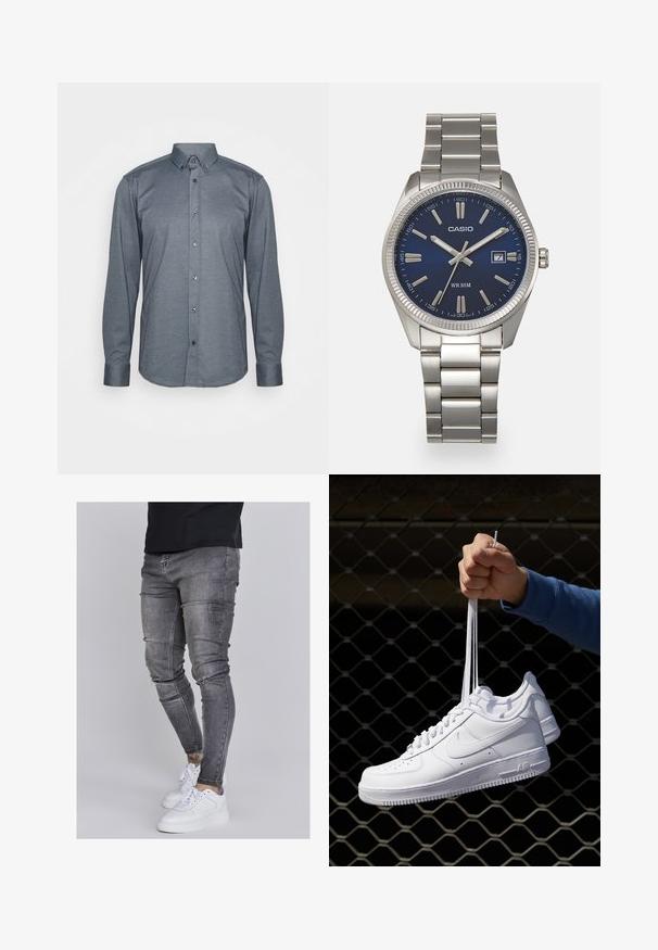 Donkergrijze overhemd met lange mouwen en knopen, voorzien van een kraag, knopen aan de voorkant en manchetten. Gladde stof met een getailleerd ontwerp.; Skinny jeans in vervaagd grijs denim, met versleten details op de knieën, gecombineerd met witte sneakers. Gladde textuur, slank model.; Witte leren sneakers met perforaties, ronde neus, vlakke zool en dikke veters, met een zichtbare swoosh-logo en "AIR" op de hiel.; Zilveren roestvrijstalen horloge met een marineblauwe wijzerplaat, metalen uurmarkeringen en een datumnis op 3 uur. Waterbestendig tot 50 meter.