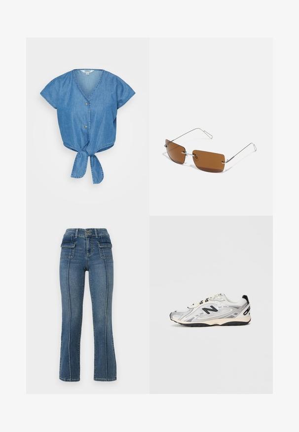 Kék farmer felső V-nyakkal, rövid ujjal és megkötött elülső szegéllyel. Két gombbal és enyhén texturált anyaggal rendelkezik.; ONLY Petite ONLWAUW MID WAIST FLARED - Trapézfarmer - medium blue denim; Szürke és fehér sportcipő, lekerekített orral, hálós és szintetikus anyagokból, fekete részletekkel és texturált gumitalppal.; Barna, téglalap alakú napszemüveg vékony ezüst drótvázakkal és orrtámaszokkal. A lencsék laposak és enyhén árnyékoltak.