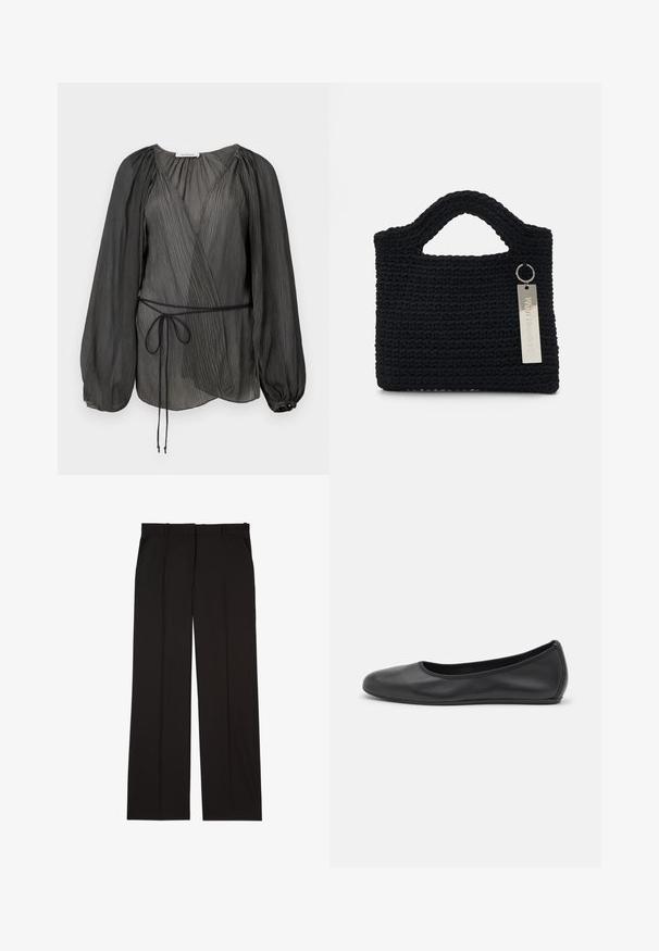 Črna plisejska zavita bluzka z dolgimi napihnjenimi rokavi, pasom na vezanje in lahkotnim, teksturiranim materialom. Okrogla zapirala na manšetah.; Črne krojene hlače iz gladkega materiala, s straight-leg obliko in dvema stranskima žepoma. Elegantna in minimalistična zasnova.; Črne usnjene balerinke z zaobljenim nosom, gladko teksturo, minimalnimi šivi in fleksibilno zasnovo podplata.; Won Hundred MARSIELLE COMPUTER BAG UNISEX - Torba za prenosnik - black