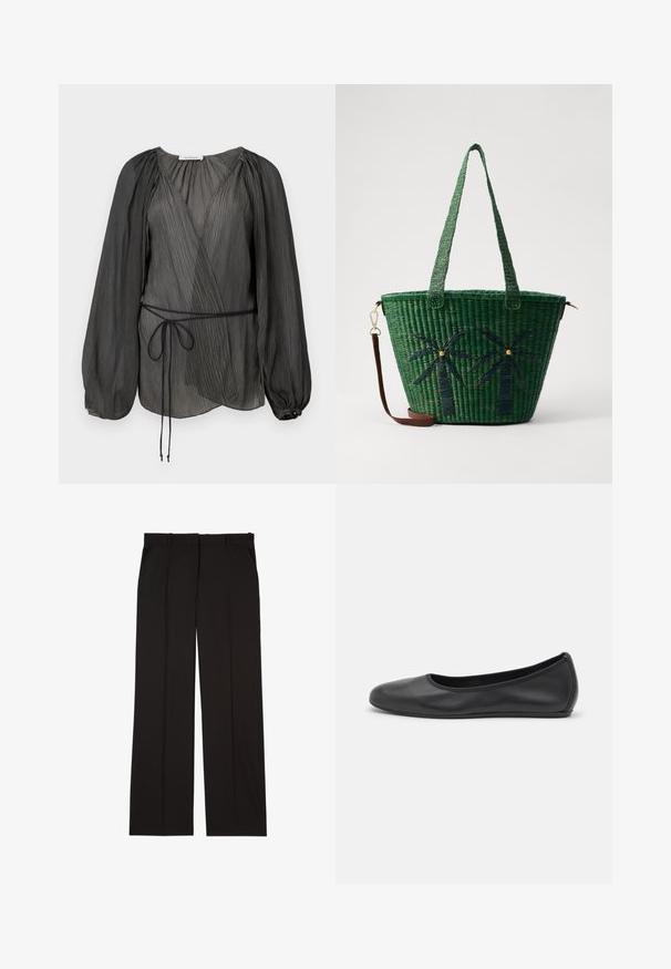 Czarna, plisowana bluzka z wiązaniem, z długimi, puszystymi rękawami, paskiem do wiązania oraz lekka, teksturowana tkanina. Okrąły guzik akcentujący na mankiecie.; Czarne dopasowane spodnie wykonane z gładkiej tkaniny, charakteryzujące się prostymi nogawkami i dwoma bocznymi kieszeniami. Elegancka i minimalistyczna konstrukcja.; Czarne skórzane baletki z zaokrąglonym noskiem, gładką fakturą, minimalnymi przeszyciami i elastycznym designem podeszwy.; Zielona, pleciona torba tote z wzorem palm na ciemnozielonym tle; posiada dwa uchwyty i odczepiany brązowy skórzany pasek.