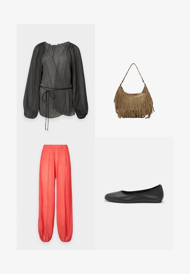 Blouse noire plissée à enrouler avec des manches longues bouffantes, une ceinture à nouer et un tissu léger et texturé. Détail de bouton circulaire au niveau du poignet.; Pantalons amples, taille élastique, couleur corail avec une texture froissée et des bords resserrés. Le tissu léger permet confort et respirabilité.; Ballerines en cuir noir avec un bout rond, texture lisse, détails de couture minimalistes et design de semelle flexible.; Sac à main en daim marron avec des détails en franges longues, une forme incurvée et une seule bandoulière. Caractérisé par une surface lisse et texturée.