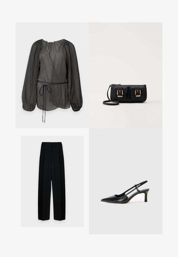 Blouse noire plissée à enrouler avec des manches longues bouffantes, une ceinture à nouer et un tissu léger et texturé. Détail de bouton circulaire au niveau du poignet.; Pantalons noirs à jambes larges avec une taille haute, présentant des plis et une texture lisse. Le tissu semble léger et tombe élégamment.; Escarpin slingback en vernis noir avec un bout pointu, présentant un imprimé serpent texturé, une sangle réglable et un petit talon bloc texturé.; Sac en cuir noir porté en travers avec deux poches avant, boucles dorées, fermeture zippée et une sangle fine. Surface texturée et forme rectangulaire compacte.