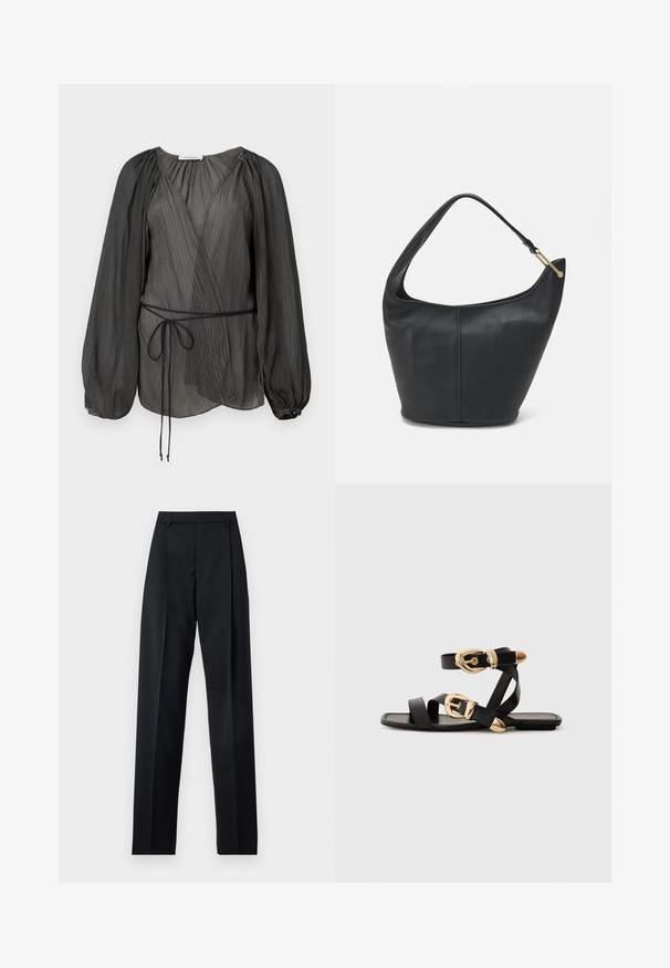 Schwarze, plissierte Wickelbluse mit langen, puffärmeligen Ärmeln, einem Bindegürtel und einem leichten, strukturierten Stoff. Runder Knopfakzent am Ärmelbündchen.; Schwarze Hosen aus glattem Stoff mit hoher Taille, weitem Bein, vorderen Falten und klassischen Gürtelschlaufen. Keine sichtbaren Seitentaschen.; Schwarze Ledersandalen mit goldenen Schnallenakzenten, die mehrere Riemen und ein flaches Sohlendesign für das Tragen mit offenen Zehen bieten.; Schwarze Lederhandtasche mit abgerundeter Form, breitem Tragegurt und strukturiertem Finish. Besitzt eine subtile Nahtdetails und einen Akzent aus goldfarbenem Metall.