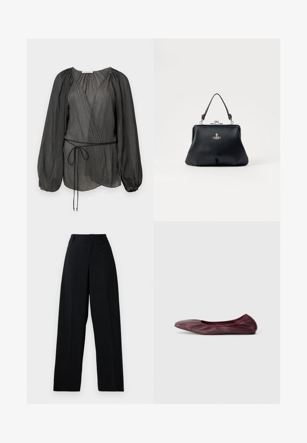 Svart plisséwrap-bluse med lange, puffede ærmer, bånd i livet og et let, teksturert stoff. Sirkulær knappeaccent ved mansjetten.; Sorte høyhals bukser med vide bein, knapp og glidelås lukking, beltehalser og en ren, glatt stoffoverflate.; Balletsko i dyp burgunder lær, med avrundet tå, elastisk kant og glatt tekstur med subtile folder.; Svart skinnhåndveske med teksturert overflate, sølvfarget hardware, låsestengning og kort håndtak for bæring. Kompakt og strukturert design.