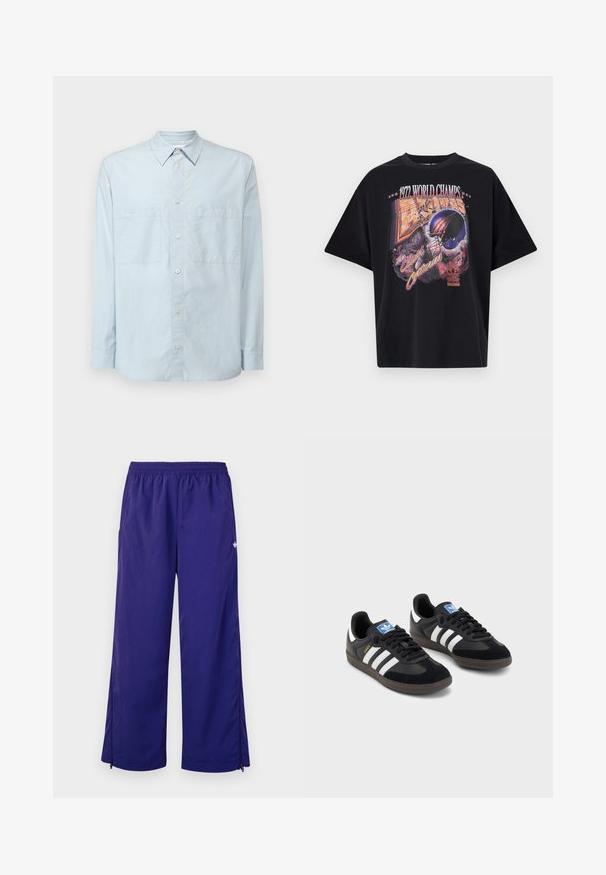 Camicia button-up azzurro chiaro in cotone, con colletto classico, maniche lunghe, due tasche sul petto e una vestibilità leggermente rilassata.; T-shirt nera in cotone con una stampa grafica che presenta "1972 WORLD CHAMPS," un design con casco e "The Clash of Centuries," in colori vivaci.; Pantaloni atletici leggeri di colore viola con vita elastica e zip laterali vicino ai polsini. Texture liscia con una leggera lucentezza.; Sneakers neri con tomaia in suede e materiale sintetico, caratterizzati da tre strisce bianche, suola in gomma testurizzata e etichetta blu sul linguetta.
