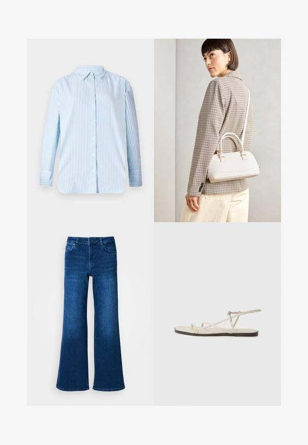 Blå og hvitstripete langermet skjorte med krage som kan kneppes og rett skjæring. Myk stoff med synlige knapper og mansjett detaljer.; Blå denim vidbente jeans med høy midje, som har fem lommer, knapp- og glidelås-lukking, og en jevn, glatt tekstur.; Beige flate sandal med flere slanke stropper og en justerbar spenne. Sålen er flat med en svak mørk kontrast langs kanten.; Hvit strukturert håndveske med korte håndtak og skulderreim, med detaljer i gullfinish og teksturert materiale, vist mot en grå bakgrunn.