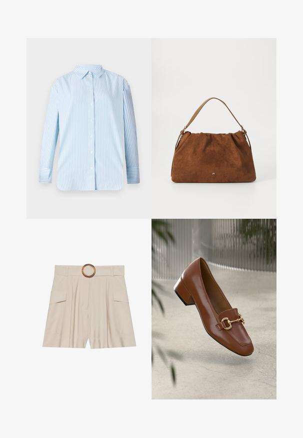 Kék és fehér csíkos, hosszú ujjú ing, gombos gallérral és egyenes fazonnal. Puha anyag, látható gombokkal és mandzsetta részletekkel.; Beige magas derekú shorts széles, lapos derekú övvel, fa kör alakú csattal, pliszírozott elülső résszel és két oldalsó zsebbel. Simára szőtt anyagtextúra.; Barna lakkbőr loaferek négyzet alakú orral, fém lánc díszítéssel és alacsony blokk sarkú kialakítással; sima textúra, minimalista design.; Barna velúr kézitáska, gyűjtött kialakítással, egyetlen világosbarna bőrszíjjal és egy diszkrét arany logós részlettel az elején.
