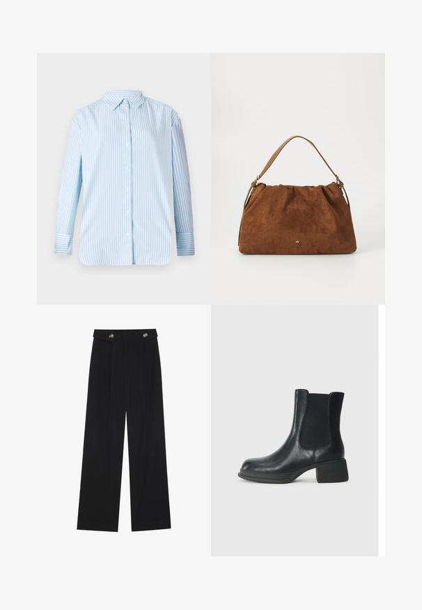 Niebieska i biała koszula z długim rękawem w paski, z kołnierzykiem zapinanym na guziki i prostym krojem. Miękka tkanina z widocznymi guzikami i detalami mankietów.; Czarne szerokie spodnie z wysokim stanem, z detalami w postaci guzików na pasku oraz plisami z przodu.; Czarne skórzane botki za kostkę z elastycznymi panelami bocznymi, zaokrąglonym noskiem i niskim klockowym obcasem. Powierzchnia ma gładką teksturę i minimalne detale.; Brązowa torebka z zamszu o marszczonym wzorze, z pojedynczym paskiem w kolorze tan i subtelnym złotym logo z przodu.