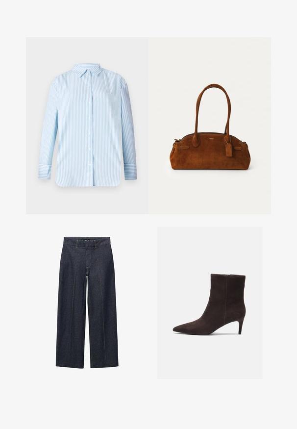 Blue and white striped long-sleeve shirt with a button-down collar and straight cut. Soft fabric with visible buttons and cuff details.; Dark blue denim wide-leg trousers with front seams and a standard waistband. Features orange stitching and a cropped length.; Brown suede ankle boots with a pointed toe and 3-inch heel, featuring a smooth texture and minimalistic design. Zipper closure at the back.; Brown suede handbag with two rounded handles, gold hardware, a small tag, and a smooth zipper closure. Features subtle stitched accents.