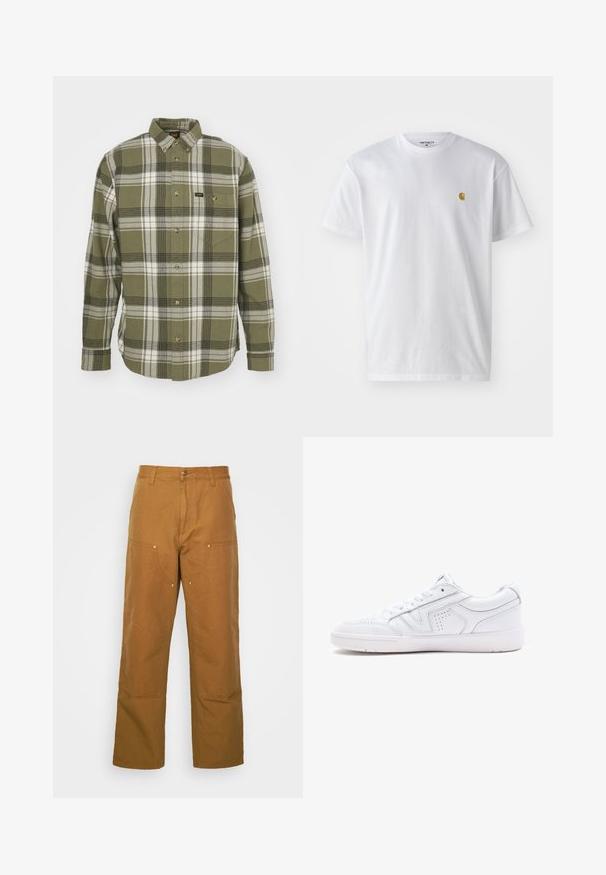 Camicia in flanella verde a quadri con strisce bianche e nere, design con bottoni, maniche lunghe, taschino sul petto e bottoni color oro.; T-shirt bianco in cotone con maniche corte, con colletto girocollo, caratterizzato da un piccolo logo dorato sulla parte sinistra del petto. Tessuto morbido e vestibilità regolare.; Pantaloni utility in cotone marrone con design a gamba dritta, dotati di tasche anteriori e dettagli in metallo per una maggiore durata.; Sneaker in pelle bianca con design low-top, punta tonda, dettagli perforati e suola testurizzata. Presenta lacci e sottili accenti di cucitura.