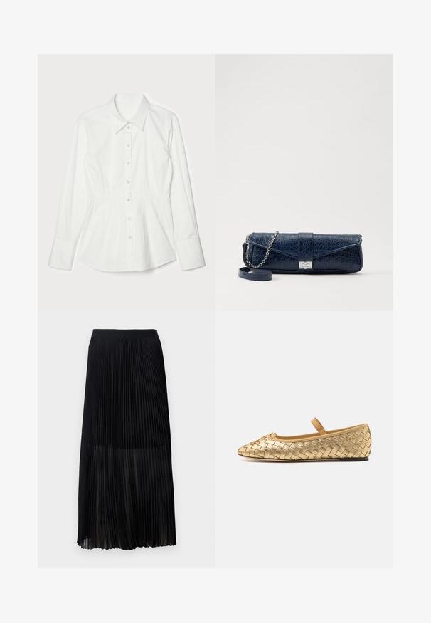 Bílá košile s knoflíky, se strukturovaným designem, dlouhými rukávy, límečkem a předním zapínáním na knoflíky. Hladká bavlněná tkanina, přizpůsobený střih.; Černá plisovaná midi sukně s hladkým elastickým pasem a průhlednou vrstvou, která má jemné vertikální plisování po celé látce.; Loeffler Randall LEONIE SOFT BALLET FLAT - Baleríny s páskem - gold; Námořnická modrá kožená kabelka s krokodýlí texturou, stříbrným řetízkovým popruhem a kovovým zapínáním. Obdélníkový tvar s překlápěcím designem.