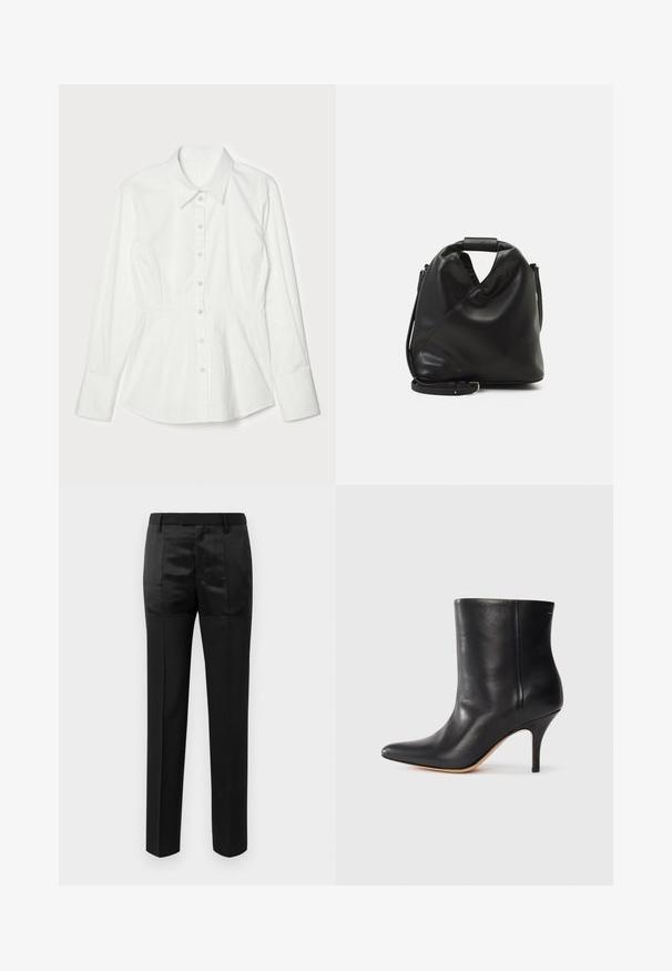 Valkoinen napitettava paita rakenteellisella muotoilulla, pitkät hihat, kaulus ja edessä napitus. Silkkinen puuvillakangas, säädetty istuvuus.; Mustat räätälöidyt housut suoralinjaisilla lahkeilla ja vyötärönauhalla, jossa on vyölenkit, joissa on matta- ja kiiltäväkangaspaneelien yhdistelmä.; Musta nahkasaapas nilkkamittaisena, teräväkärkinen, kapea stiletto-korko ja sileä pinta. Minimalistinen muotoilu ilman näkyviä metalliosia tai kuvioita.; Mustan, pehmeän nahkabagin ainutlaatuinen kierretty muotoilu. Varustettu lyhyellä kahvalla ja irrotettavalla olkahihnalla. Minimalistinen tyyli.