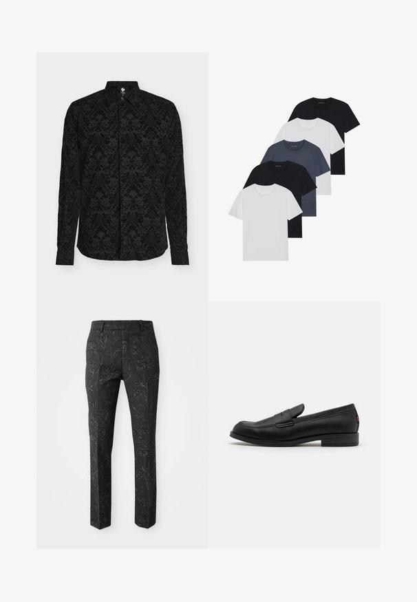 Svart långärmad skjorta med strukturerat damastmönster, spetsig krage och knäppning framtill. Mjukt tyg med subtil glans.; Set med fem t-shirts i svart, vitt och marinblått. Bomullslyster, korta ärmar, rund halsdesign och slät struktur utan mönster.; Mörkgrå byxor med ett präglat blommönster, skräddarsydd passform, raka ben och en slät yta. Har en standard midja.; Svarta läderloafers med en slät finish, rund tå och en liten dekorativ flik. Har en låg staplad klack och subtilt varumärkesdetalj.