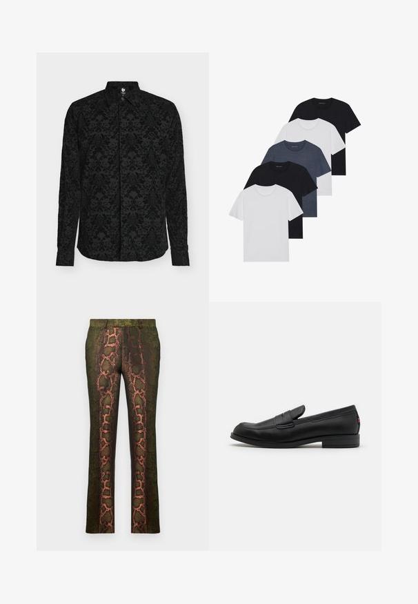 Must pika varrukaga särk, millel on tekstuuriga damaskmuster, terav krae ja eesmine nööpidega sulgemine. Sile kangas peene läikega.; Viie t-särgi komplekt mustas, valges ja tumesinisest. Puuvillane kangas, lühikesed varrukad, ümar kaelaauk ja ühtlane tekstuur ilma mustriteta.; Roheline mustriga püksid, millel on madu trükk pruunide ja oranžide varjunditega, sirge lõikega ja siledast tekstuurist.; Mustad mustad nahast loaferid siledast viimistlusest, ümmargune nina ja väike dekoratiivne klapp. Omab madalat kokkupandud kontsa ja diskreetset brändingut.
