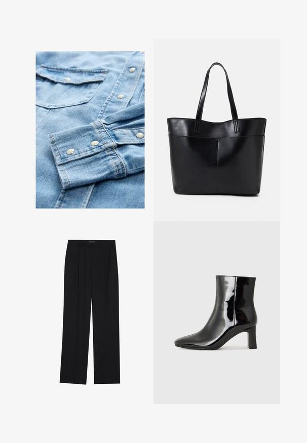 Hele sinine-denim särk, millel on hõbedased nööbid, kaks rinna taskut ja kontrastse õmblusega. Kanga pind on pehme ja tekstureeritud.; Mustad püksid sirgjoonelise disainiga, millel on kaks esist taskut ja muudatus. Valmistatud siledast, kergekaalulisest kangast.; Must-sinine nahkjalats musta läikiva viimistlusega, millel on terav nina ja keskmise kõrgusega plokk konts. Sile tekstuur ja minimalistik disain.; Must mustaga musta nahast, millel on kaks pikka kanda, sile tekstuur ja struktureeritud kuju. Esipoolsel on lisakoti jaoks tasku.