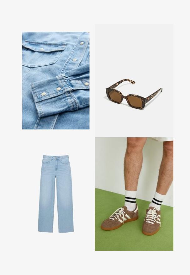 Ljusblå jeansskjorta med silverfärgade tryckknappar, dubbla bröstfickor och kontrasterande sömmar. Tyget har en mjuk, strukturerad yta.; Ljust blå vida jeans i denim, med hög midja, rak passform och femficksdesign med ren fåll.; Bruna mockaskor med vita detaljer och snören. Gummisula i beige. Bärs med vita strumpor med svarta ränder. Grön strukturerad golvyta.; Sköldpaddsmönstrade solglasögon med en rund, kraftig ram och bruna linser. Har subtila mönster och raka, avsmalnande skalmar.; Zign LEATHER - Shoppingväska - light brown