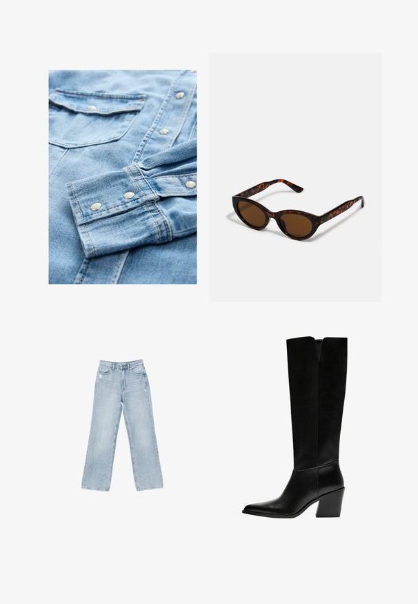 Svetslo modra denim srajca z dolgimi rokavi, ki ima srebrne gumbke na zapenjanje, dvojna žepa na prsih in kontrastno šivanje. Tkanina ima mehak, teksturiran videz.; Svjetloplave traperice širokog kroja, sa istrošenim detaljima, pet džepova, i zatvaranjem na patentni zatvarač.; Črne gležnjarje do kolen iz gladkega usnja, z ostrim nosom, blokinim peto in V-oblikovanim izrezom na vrhu.; Rjave mačkaste sončne očala s vintage mačjo obliko in rjavimi lečami. Imajo ukrivljene ročke z rdečimi detajli.