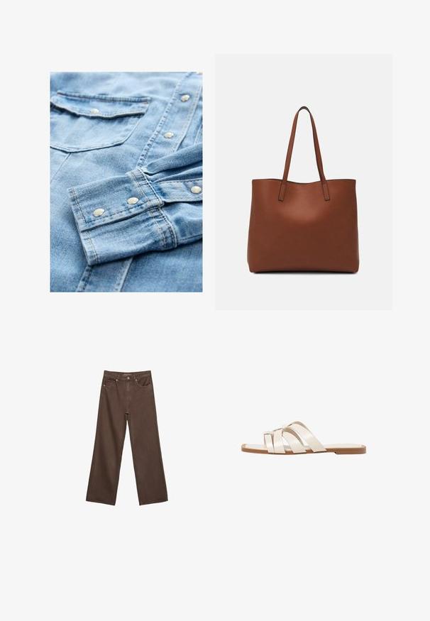 Light blue denim shirt featuring silver snap buttons, dual chest pockets, and contrasting stitching. Fabric exhibits a soft, textured surface.; Wide-leg brown jeans made of denim, featuring a high waist, front pockets, and a classic button closure. Smooth texture with subtle stitching.; Flat sandals with a tan rubber sole, designed with three overlapping white leather straps and a small bow detail at the center.; Brown leather tote bag with a smooth texture, open top design, and two shoulder straps. Features minimal stitching and no visible hardware.