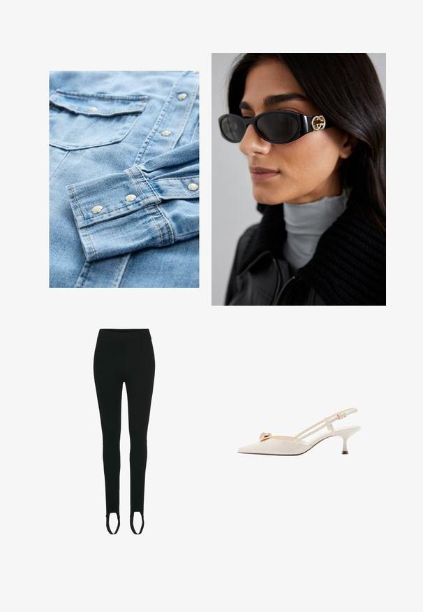 Helles blaues Jeanshemd mit silbernen Druckknöpfen, doppelten Brusttaschen und kontrastierenden Nähten. Der Stoff zeigt eine weiche, strukturierte Oberfläche.; Schwarze Leggings mit glatter Textur, hohem Bund und Fußöffnungen im Steigbügelschnitt. Hergestellt aus dehnbarem Material für zusätzlichen Komfort.; Cremfarbene Slingback-Schuhe mit spitzem Zeh, dünnen Riemen und einem goldenen Akzent auf dem Spangenbereich. Sie haben einen niedrigen, schmalen Absatz.; Schwarze Sonnenbrille mit einem schlanken rechteckigen Rahmen und einem goldenen Logo-Akzent an der Seite. Dunkle Gläser und glänzende Oberfläche sind auffällig.; Weiße Lederhandtasche mit einem goldfarbenen Verschluss, schwarzen Akzenten, einem abnehmbaren Schulterriemen und einem strukturierten Design mit Klappenverschluss.