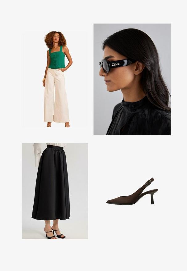 Zöld vászon crop top, négyzet alakú dekoltázzsal, gombos záródással és fodros szegéllyel. Magas derekú, krém színű, bő szárú nadrággal párosítva.; Fekete maxi szoknya sima anyagból, ráncolt derékkal és lebegő kialakítással, fekete pántos magassarkúval párosítva.; Barna velúr slingback tűsarkú cipő, hegyes orral, elegáns kialakítással, vékony sarkával és csat kiegészítéssel a bokapánton.; Fekete napszemüveg kerek lencsékkel és merész, szögletes kerettel, oldalán fehér "Chloé" felirattal. Simább, fényes felület.; Barna textúrájú bőr kézitáska aranyszínű fémrészletekkel, felső fogantyúval és levehető vállpánttal. Elülső fedéllel és logó részlettel rendelkezik.; Aranyszínű, téglalap alakú karóra fehér számlappal, ezüstszínű óránymarkerekkel és strapabíró fém láncszíjjal. Vízálló funkcióval rendelkezik.