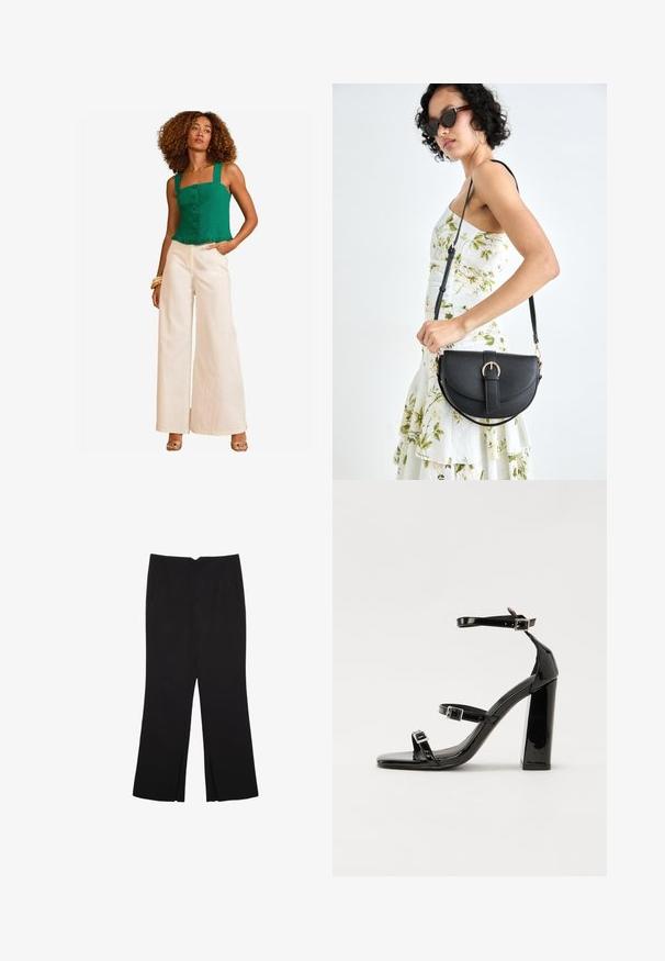 Zeleno laneno kratko majico s kvadratnim izrezom, zapiranjem na gumb in volančkom ob robu. Ujemite jo z visokimi kremnimi širokimi hlačami.; Črne hlače ravnega kroja z naglavnimi žepi in stranskimi razporki na robu. Narejene iz mehke, gladke tkanine. Primerne za različne priložnosti.; Črne lakaste sandale z visokimi petami, z dvema trakovoma z zaponkama, kvadratnim sprednjim delom in masivno širšo peto, z gladko, sijočo teksturo.; Črna usnjena torbica s ukrivljeno obliko, z odstranljivo naramnico in zlatimi dodatki. Torbica ima pokrov s podrobnostmi v obliki zaponke.