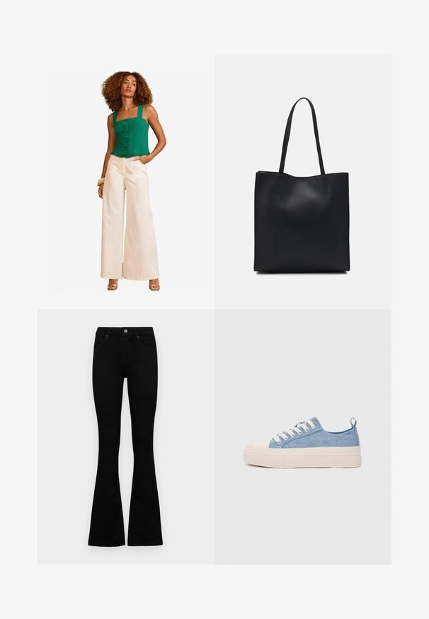 Žalias lino trumpas viršus su kvadratiniu iškirpimu, sagčių uždarymu ir šoniniu krašteliu. Suderintas su aukštai supjaustytomis kreminio atspalvio plačiomis kelnėmis.; Juodos aukšto liemens džinsai su mygtuku ir užtrauktuku, priekinėmis kišenėmis ir platėjančiomis kojomis, išdėstyti ant baltos fono.; Šviesiai mėlyni drobės sportbačiai su kreminiu guminiu pirštų apsaugos ir pado elementu, balti raišteliai ir kilpa ant kulno.; Juodas odinis tote krepšys su lygia tekstūra, stačiakampio formos ir dviem ilgais rankenomis. Matomų metalinių detalių ar puošybos nėra.