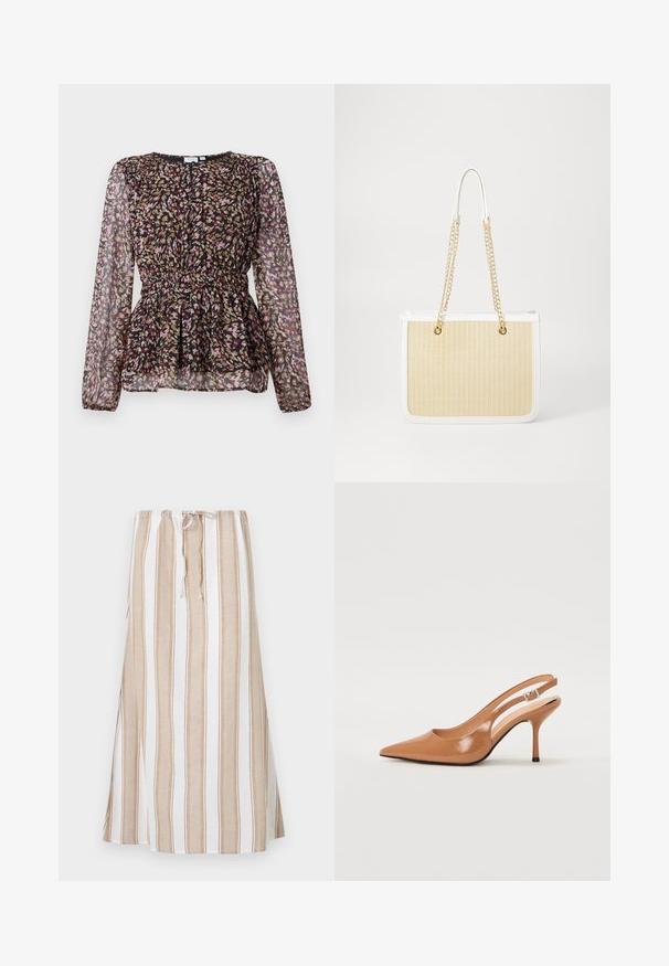 Black blouse with long sheer sleeves, featuring a colorful abstract print in pink, gold, and brown. Gathered waist and pleated design detail.; Striped skirt in white and light brown, featuring a drawstring waist and a long, flowing design. Made from lightweight fabric with a relaxed fit.; Pointed toe slingback heel in a smooth, glossy tan material. Features a curved cutout design and a slender stiletto heel. Silver buckle detail.; Beige woven straw tote bag with white leather trim, dual gold chain handles, and a rectangular shape. Surface features a textured pattern.