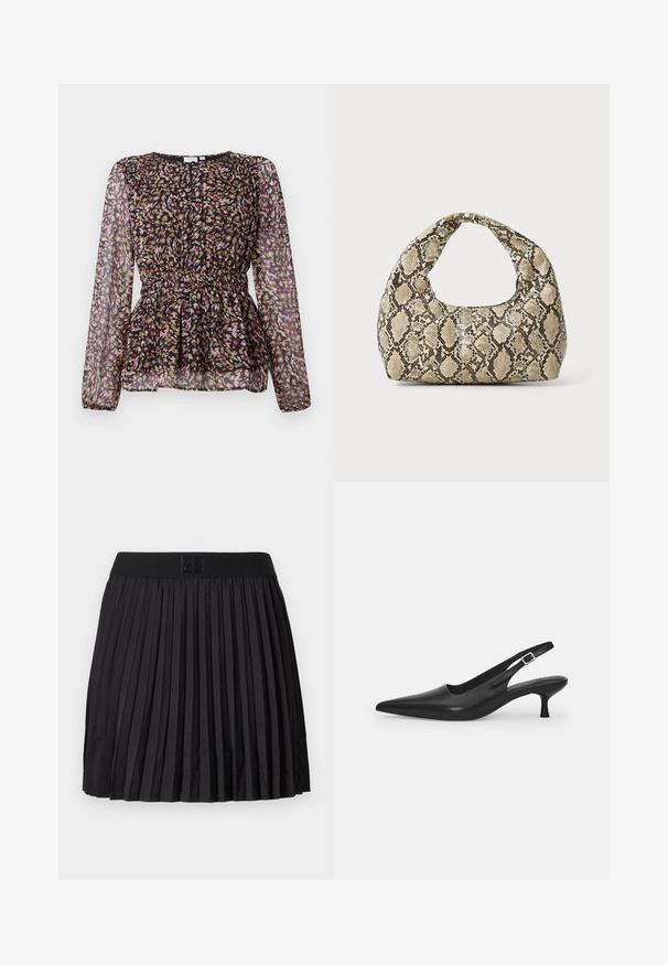 Fekete blúz hosszú áttetsző ujjal, színes absztrakt mintával rózsaszín, arany és barna színekben. Gyűrt derék és pliszírozott dizájn részlet.; Fekete, pliszírozott szoknya sima textúrával, egyszínű fekete derékrésszel és a fronthoz írt logóval.; Fekete bőr szandálcipő hegyes orral és karcsú, ívelt sarokkal. Diszkrét, állítható pánttal rendelkezik, fém csattal.; Kígyómintás kézitáska ívelt fogantyúval. Texturált, bézs és barna anyagból készült, jellegzetes gyémántmintával.