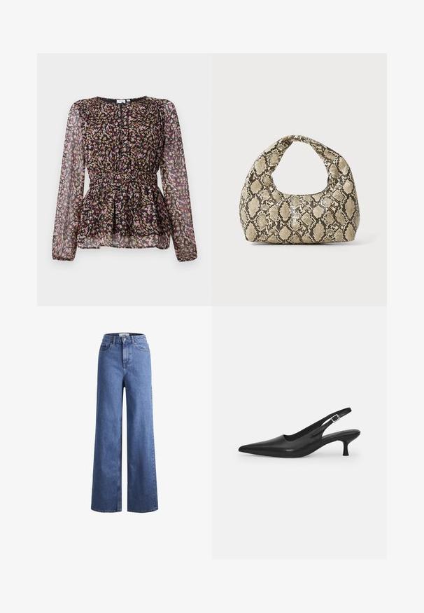 Musta paita pitkillä läpinäkyvillä hihoilla, jossa on värikäs abstrakti kuvio pinkissä, kultaisessa ja ruskeassa. Koon saatu vyötärö ja laskostettu muotoilutieto.; Vaaleansiniset farkut leveillä lahkeilla, korkea vyötärö, kaksi etutaskua ja näkyvät ompeleet. Varustettu napilla ja vetoketjulla.; Mustan nahkainen slingback-kengät, joissa on terävä nenä ja kapea, kaareva korko. Varustettu huomaamattomalla säädettävällä hihnalla, jossa on metallinen solki.; Käärmeennahkakuosiset käsilaukku, jossa on kaareva kahva. Tehty teksturoiduista beigeistä ja ruskeista materiaaleista, joissa on erottuva timanttikuvio.