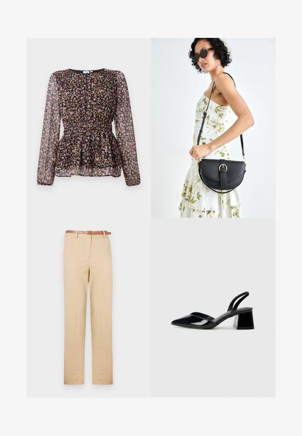 Blusa nera con maniche lunghe in tessuto trasparente, caratterizzata da una stampa astratta colorata in rosa, oro e marrone. Vita arricciata e dettagli di design plissettati.; Chino beige realizzati in tessuto leggero, con un taglio dritto, tasche laterali e una cintura in pelle marrone con fibbia rettangolare.; Décolleté in vernice nera con punta affusolata e tacco in geometria cubica. Presentano un design elegante e minimalista, con una texture liscia.; Borsa a tracolla nera in pelle con una forma curva, manico rimovibile e accessori dorati. La borsa presenta una patta con un dettaglio a fibbia.