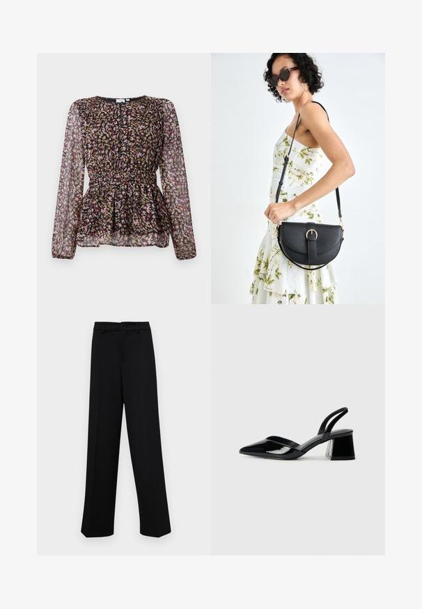 Schwarze Bluse mit langen, transparenten Ärmeln, die mit einem bunten abstrakten Druck in Pink, Gold und Braun versehen ist. Geraffte Taille und plissiertes Designdetail.; Schwarze, weit geschnittene Hosen aus glattem Stoff, mit einem klassischen Taillenbund und einem Knopfverschluss sowie vorderen Falten.; Schwarze Lackleder-Slingback-High Heels mit spitzem Schuh und einem geometrischen Blockabsatz. Verfügt über ein schlankes, minimalistisches Design und eine glatte Textur.; Schwarze Lederhandtasche mit geschwungener Form, abnehmbarem Tragegurt und goldenen Beschlägen. Die Tasche verfügt über einen Deckel mit einer Schnallen-Details.