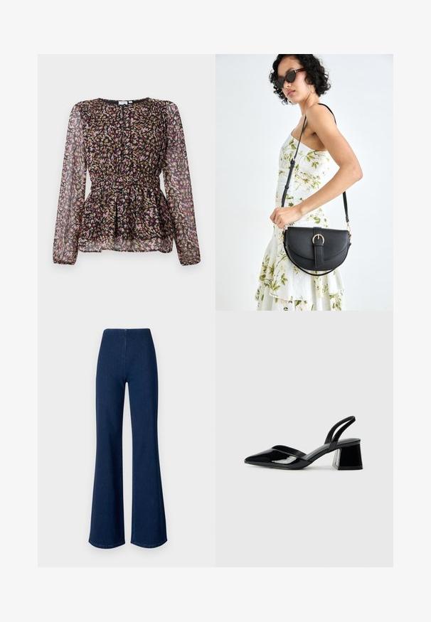 Svart bluse med lange gjennomsiktige ermer, med et fargerikt abstrakt mønster i rosa, gull og brunt. Rynket midje og plisserte designdetaljer.; Mørkeblå svingbukser laget av denim med elastisk midje. Har en glatt tekstur og bred ben-design som strekker seg til kanten.; Svarte patentlær slingback hæler med spiss tå og geometrisk blokk hæl. Har et stilrent, minimalistisk design og jevn tekstur.; Svart lærveske med en buet form, avtagbar stropp og gullbeslag. Vesken har et klaff med spenne-detall.