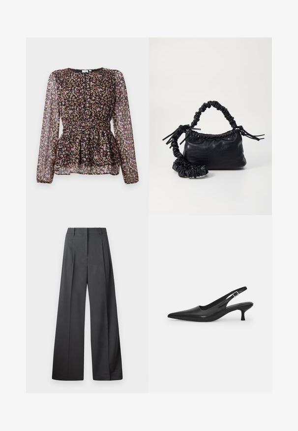Sort bluse med lange gennemsigtige ærmer, der har et farverigt abstrakt print i pink, guld og brun. Samlet talje og plisseret designdetalje.; Bredde benbukser i mørkegrå stof, med høj talje, enkelte læg og en glat tekstur med en ren finish ved kanten.; Sort læder slingback-sko med spids tå og en slank, buet hæl. Har en diskret justerbar rem med en metalspænde.; Sort kunstlæder håndtaske med krokodilteksur, indsnøret top og en sammenkrøben rem. Ser blød og kompakt ud i designet.