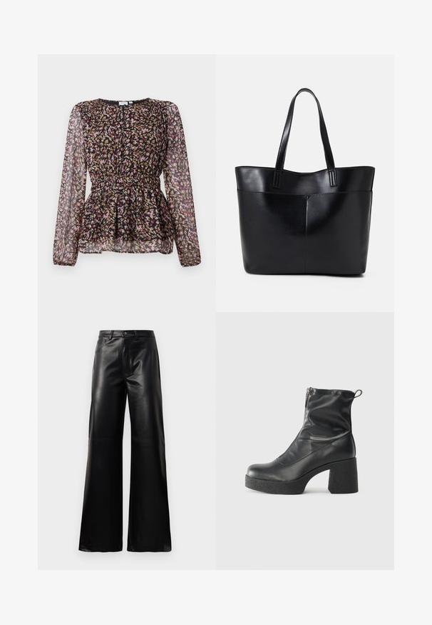 Schwarze Bluse mit langen, transparenten Ärmeln, die mit einem bunten abstrakten Druck in Pink, Gold und Braun versehen ist. Geraffte Taille und plissiertes Designdetail.; Schwarze leichte, weit geschnittene, hochtaillierte Kunstlederhose mit vorderem Knopf, Reißverschluss, Gürtelschlaufen und Seitentaschen auf weißem Hintergrund.; Schwarze Stiefeletten aus glattem Leder mit seitlichem Reißverschluss, klobigem strukturiertem Absatz und runder Zehenform.; Schwarze Leder-Shopper-Tasche mit zwei langen Griffen, einer glatten Textur und einer strukturierten Form. Verfügt über eine Vordertasche für zusätzlichen Stauraum.