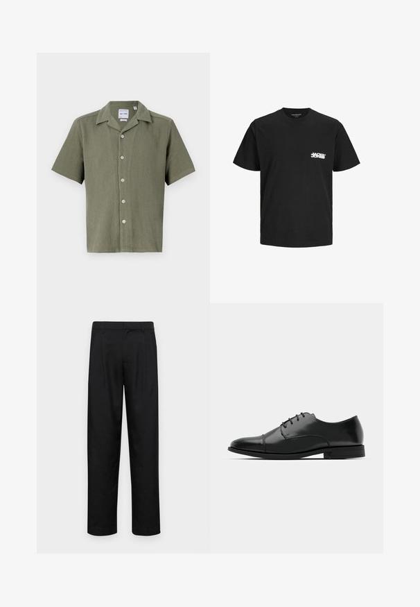 Koszula z krótkim rękawem w oliwkowym kolorze, z prążkowaną teksturą, z kołnierzykiem i sześcioma jasnymi guzikami z przodu.; Czarna bawełniana koszulka z krótkim rękawem, okrągłym dekoltem i białym nadrukiem logo po lewej stronie klatki piersiowej. Gładka tekstura, klasyczny krój.; Czarne spodnie wykonane z gładkiego materiału, z prostą nogawką, dwoma fałdami z przodu oraz standardowym paskiem z wypustkami na pasek.; Czarne skórzane buty do garnituru z okrągłym noskiem, sznurowanym zapięciem, subtelnymi detalami przeszycia oraz niskim obcasem. Gładka faktura z polerowanym wykończeniem.
