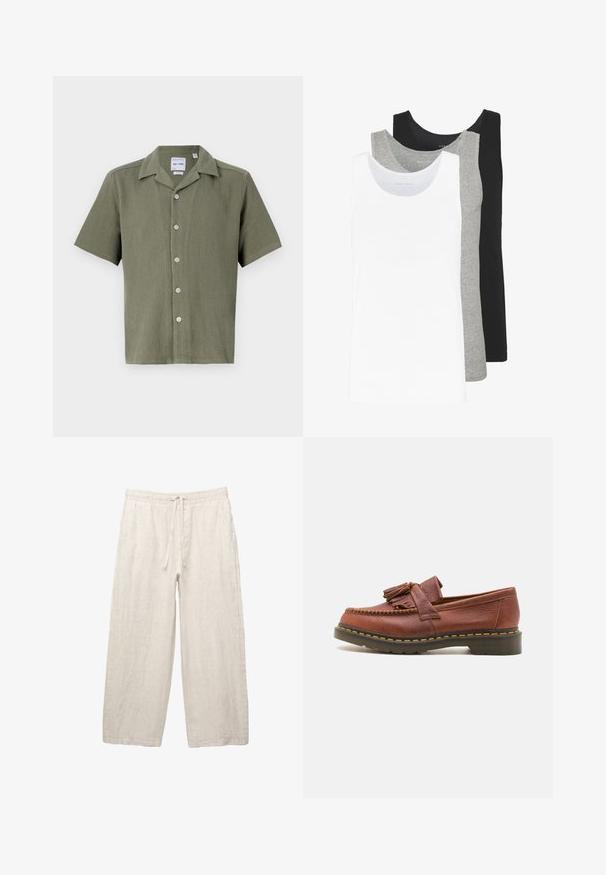 Korte mouw overhemd in olijfgroen, met ribbelstructuur, voorzien van een kraag en zes lichtgekleurde knopen aan de voorkant.; Drie tanktops in wit, grijs en zwart. Elke tanktop heeft een klassiek mouwloos ontwerp, gemaakt van lichtgewicht katoen met een ribbelstructuur.; Linnen broeken in lichtbeige, met een elastische tailleband met een trekkoord, een wijde pasvorm en zijzakken. Gladde textuur.; Bruine leren mocassin met franjeraccenten, een gestructureerd oppervlak en contrasterende gele stiksels langs de zwarte rubberen zool. Zijaanzicht.