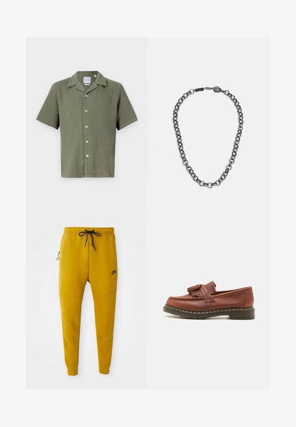 Lyhythihainen paita oliivinvihreänä, uurrettu pinta, kauluksella ja etupuolella kuusi vaaleanväristä nappia.; Kolme valkoista ribbitekstiilistä toppia, jotka on valmistettu puuvillasta. Ominaisuuksiin kuuluu pyöreä pääntie ja pieni musta etiketti helman lähellä. Saatavilla useissa kooissa.; Nike-housut eläväisessä sinapinkeltaisessa värissä, valmistettu pehmeästä kankaasta. Varusteena elastinen vyötärö, jossa on naru, sivu vetoketjulliset taskut ja kapenevat lahkeet.; Kahvinahkainen mokassa, jossa on tupsuakkentssit, teksturoitu pinta ja kontrastina keltainen ommel mustan kumipohjan reunalla. Sivunäkymä.; Metallinen ketjun kaulaketju, jossa on pitkänomaisia linkkejä tummassa metallinvärisessä sävyssä. Sisältää geometrisen koristeen ja klipsin, jossa on brändäysdetalji.