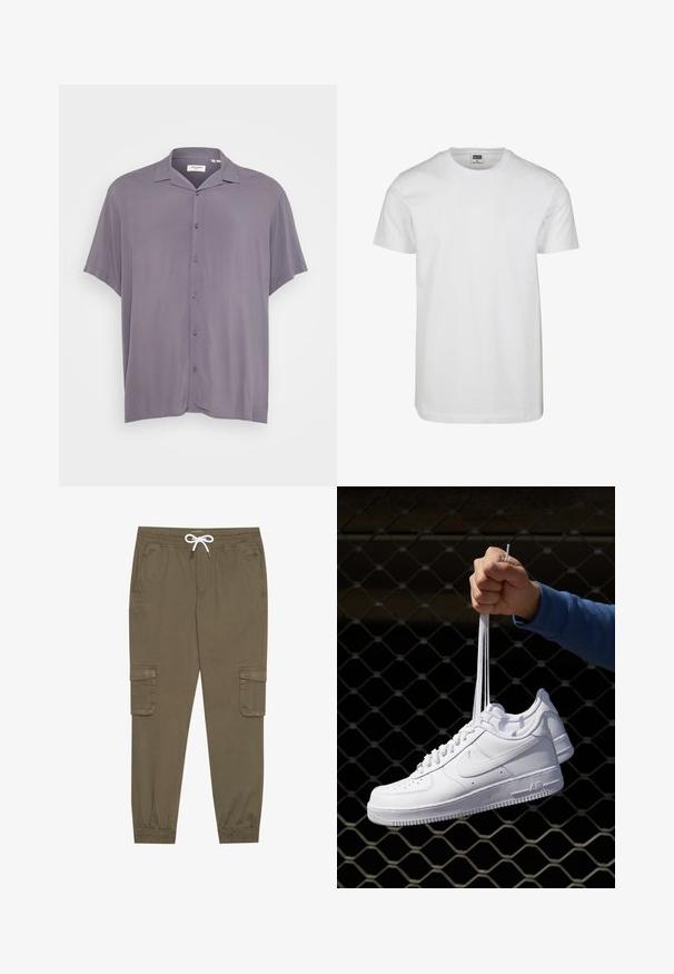 Kortærmet, knap-lukket skjorte i lysegrå stof. Har en klassisk krave, afslappet pasform og glat tekstur uden mønstre eller accenter.; Hvid bomuld t-shirt med rund hals, korte ærmer og en afslappet pasform. Mærket siger "URBAN CLASSICS." Glat struktur, ingen mønstre eller detaljer.; Khaki cargo bukser med elastisk linning og snor, med sidelommer og manchetter ved anklerne. Fremstillet af et tekstureret, let materiale.; Hvide lædersneakers med perforeringer, rund tå, flad sål og tykke snørebånd, med et synligt swoosh-logo og "AIR" på hælen.