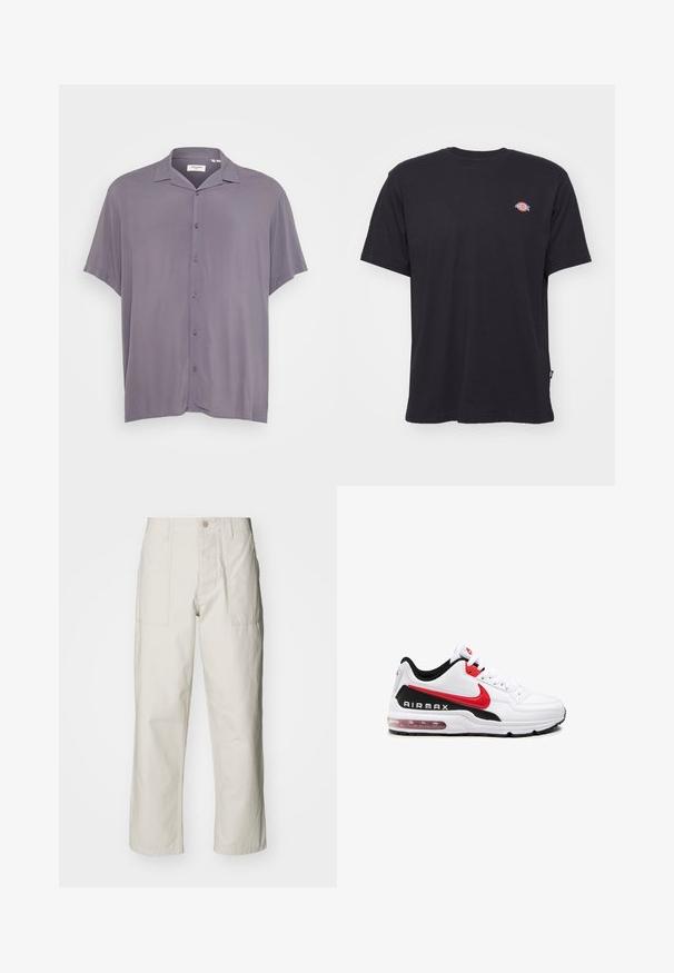 Camisa de manga corta, abotonada, en tejido de color gris claro. Presenta un cuello clásico, corte relajado y una textura suave sin patrones ni acentos.; Camiseta de algodón negra con mangas cortas, cuello redondo y pequeño logo colorido en el lado izquierdo del pecho. Presenta un dobladillo recto.; Pantalones de pierna ancha color beige claro, hechos de algodón. Cuentan con bolsillos frontales y cierre de botón. Textura suave con sutiles líneas verticales.; Zapatilla deportiva blanca con detalles en negro y rojo, que presenta un upper de cuero suave, parte frontal con cordones y una amortiguación de aire visible en la suela.