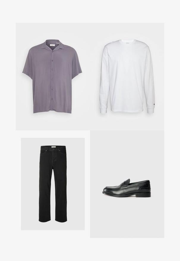 Košile s krátkým rukávem, zapínání na knoflíky, vyrobená z světle šedé látky. Obsahuje klasický límec, volný střih a jemnou texturu bez vzorů nebo akcentů.; Bílá dlouhá tričko s dlouhými rukávy vyrobené z bavlny. Design s kulatým výstřihem, žebrované manžety a malé logo na levém rukávu. Hladká textura.; Černé džíny rovného střihu mají klasický design se pěti kapsami, zapínání na knoflík, minimální švy a jemnou texturu.; Černé kožené mokasíny s hladkým povrchem, prošívanými detaily na svršku a mírně zvýšeným podpatkem.