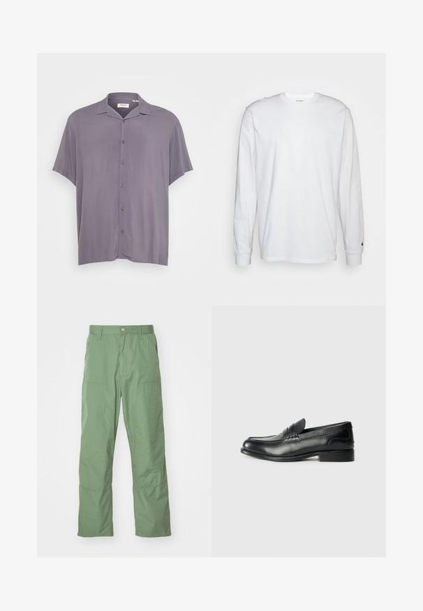 Kurzärmliges, knöpfbares Hemd aus hellgrauem Stoff. Verfügt über einen klassischen Kragen, eine legere Passform und eine glatte Textur ohne Muster oder Akzente.; Weißes Langarm-T-Shirt aus Baumwolle. Rundhals-Design mit gerippten Bündchen und kleinem Logo auf dem linken Ärmel. Glatte Textur.; Hellgrüne, lässige Hose mit glatter Textur, ausgestattet mit Seitentaschen und sichtbaren Nähten. Vollständig lang mit geradem Bein.; Schwarze Lederloafers mit glatter Oberfläche, gesteppten Details über dem Vorderblatt und einem leicht erhöhten Absatz.