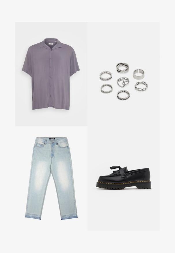 Lyhythihainen, nappilistalla varustettu paita vaaleanharmaasta kankaasta. Ominaisuuksiin kuuluvat klassinen kaulus, rento istuvuus ja sileä pinta ilman kuvioita tai yksityiskohtia.; Pegador BARROW - Loose fit -farkut - sand washed blue; Musta nahkakengät, joissa on tupsuakkentti, paksu musta pohja ja keltainen ommel reunassa. Rakeinen pinta.; Setti seitsemän hopeasormusta, joissa on erilaisia muotoiluja, kuten kierrettyjä, linkitettyjä ja kaiverruksilla varustettuja kuvioita. Eri muotoja ja leveydet.