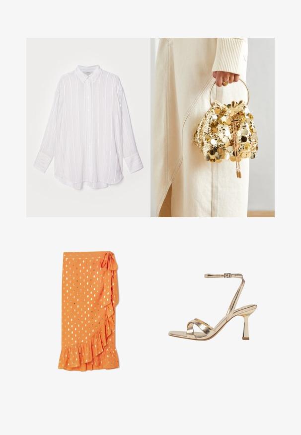 Weißes Langarmhemd mit vertikalen hellgrauen Streifen, Knopfleiste und hochrollbaren Ärmeln. Weicher Stoff mit leicht übergroßem Schnitt.; Oranger Wickelrock mit goldenen Punkten, Rüschensaum und seitlichem Bindeband. Hergestellt aus leichtem Stoff, mit glatter Textur.; Goldene, metallische High-Heelsandale mit einer Kriss-Kross-Riemen-Design, Fesselriemen mit Schnalle und einem glänzenden Blockabsatz. Quadratische Zehenform.; Goldfarbene Drawstring-Handtasche mit einem runden Griff, verziert mit glänzenden runden Pailletten und einem strukturierten Stoff. Abmessungen sind nicht angegeben.