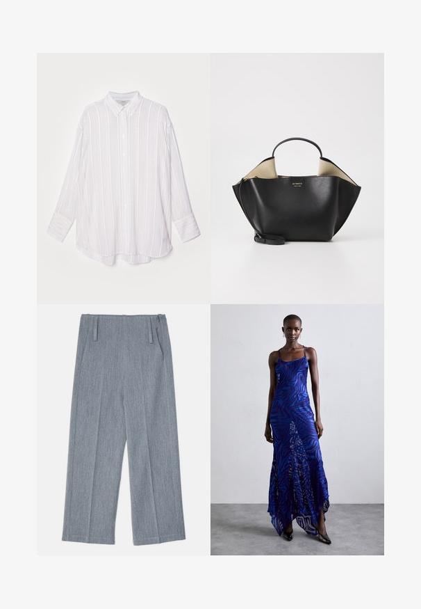 Camicia bianca a maniche lunghe con strisce verticali grigie chiare, colletto button-down e polsini arrotolabili. Tessuto morbido con una vestibilità leggermente oversize.; Pantaloni larghi grigio chiaro realizzati in tessuto testurizzato, con due pieghe frontali e due tasche laterali. Design pulito e sartoriale.; Abito maxi con stampa animale blu e viola, con spalline sottili, corpetto aderente, orlo svasato e dettagli in overlay trasparente.; Ree Projects ANN TOTE MINI - Borsa a mano - black