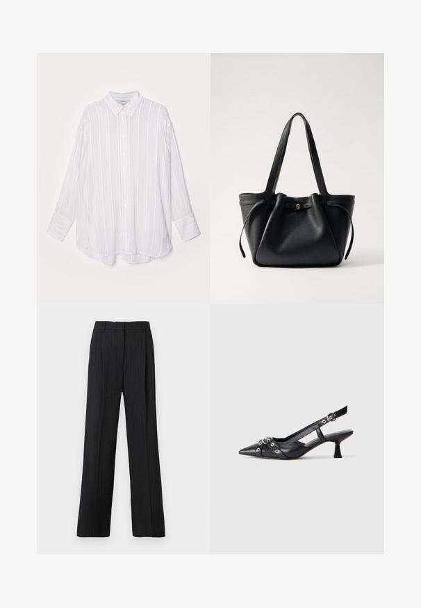White long-sleeve shirt with vertical light gray stripes, button-down collar, and roll-up cuffs. Soft fabric with a slightly oversized fit.; Black pinstriped trousers with a relaxed fit, featuring a flat front, two side pockets, and a smooth fabric texture.; Black leather slingback shoe with a pointed toe, decorative straps featuring metal eyelets, and a low block heel. Textured surface.; Black leather tote bag with two long straps, a cinched top, and a gold circular accent. Smooth texture with a minimalist design.