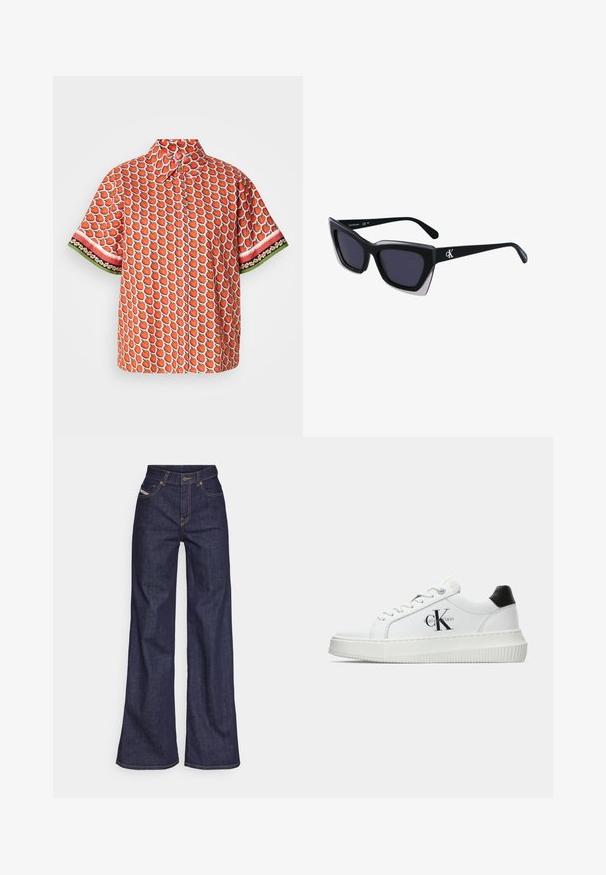 Kurzarmhemd aus rotem Stoff mit Erdbeermuster, versehen mit kontrastierenden Blumen- und Streifenakzenten an den Ärmeln.; Dunkelblaue weite Jeans aus Denimstoff mit hoher Taille, ausgestattet mit orangefarbenen Nähten, fünf Taschen und einem Knopfverschluss.; Weiße Low-Top-Sneaker mit schwarzem Fersenpatch, Plateau-Sohle, Schnürsenkeln und Calvin Klein "CK"-Logo an der Seite.; Schwarze übergroße Sonnenbrille mit geometrischer Form, ausgestattet mit dunklen Gläsern und einem kontrastierenden grauen Detail im Rahmen. Logo am Bügel.