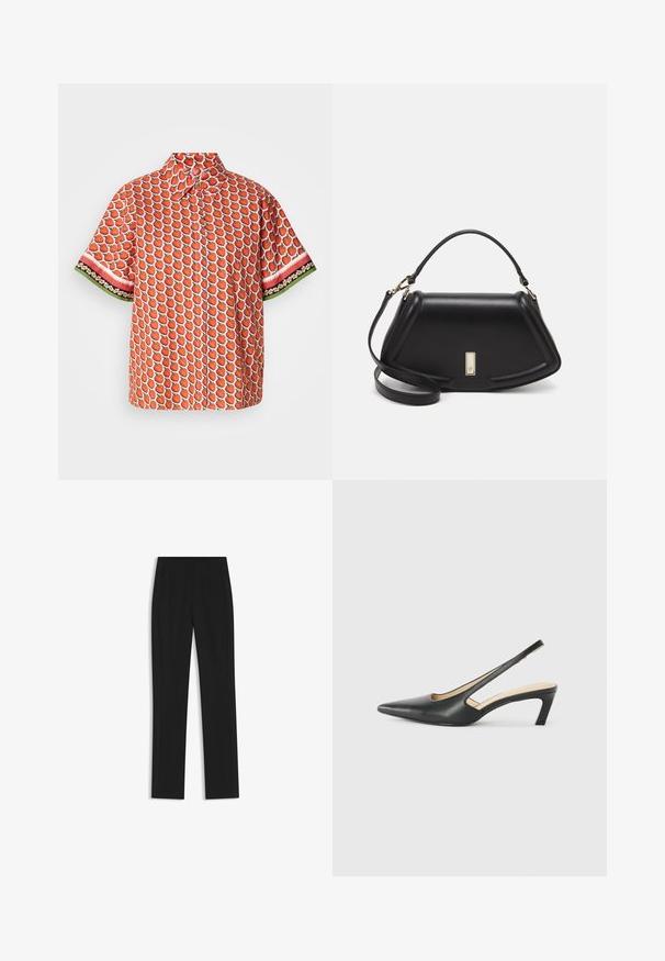 Camicia a maniche corte in tessuto rosso con motivo di fragole, con accenti floreali e a righe in contrasto sulle maniche.; Pantaloni neri su misura con un design a gamba dritta, dotati di tasche frontali e un tessuto liscio e strutturato. Dettagli ordinati e minimalisti.; Scarpa slingback nera con punta affilata e tacco basso, realizzata in pelle liscia e con un design a taglio laterale per favorire la traspirabilità.; Borsa a mano in pelle nera con un design strutturato, caratterizzata da una forma corta, manico superiore e accessori in metallo dorato. Inclusa tracolla regolabile.