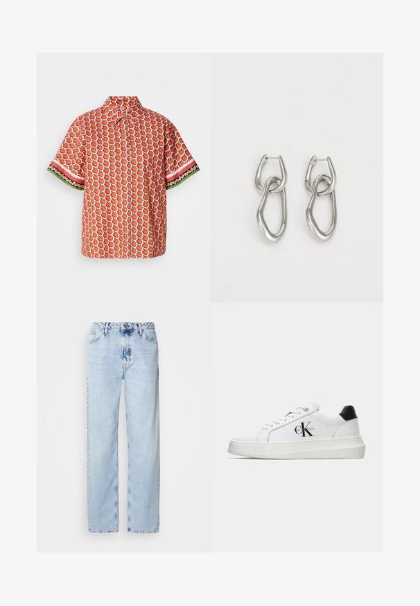 Lühikeste varrukatega punane särk, millel on maasikate muster ning kontrastsed lille- ja triibulised aktsendid varrukatel.; Heledad sinise värvi laiad teksad, mis on valmistatud denimist, kõrge vöökoht, pleekinud pesu ja peen tie-dye muster ettepoole.; Valge madalate sokkidega jooksutoss, millel on must konts, platvormi tallad, paelad ja Calvin Kleini "CK" logo küljel.; Calvin Klein STATEMENT LINKS - Kõrvarõngad - silver-coloured